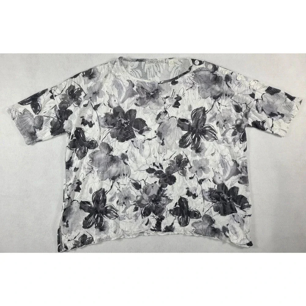 Sno Skins Top Blouse Women's XS Floral Ribbed Gray White Semi-Sheer Oversized